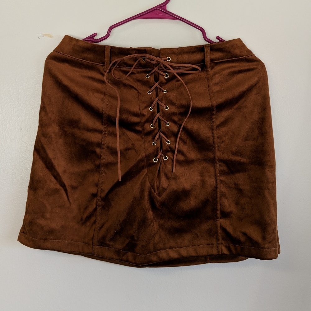 Faux Suede Camel Lace-up Mini Skirt